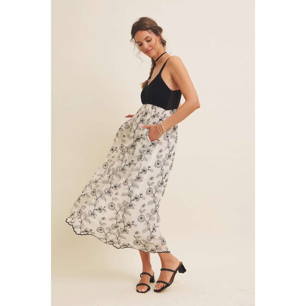 Women's Knit Spaghetti Top Two-fer Embroidered Midi Sun Dress with Pockets, Cream and Black