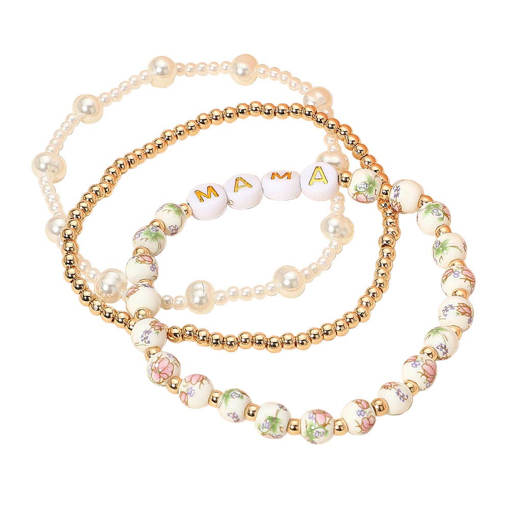 3PCS - MAMA Message Floral Ceramic Ball Pearl Beaded Stretch Multi Layered Bracelets