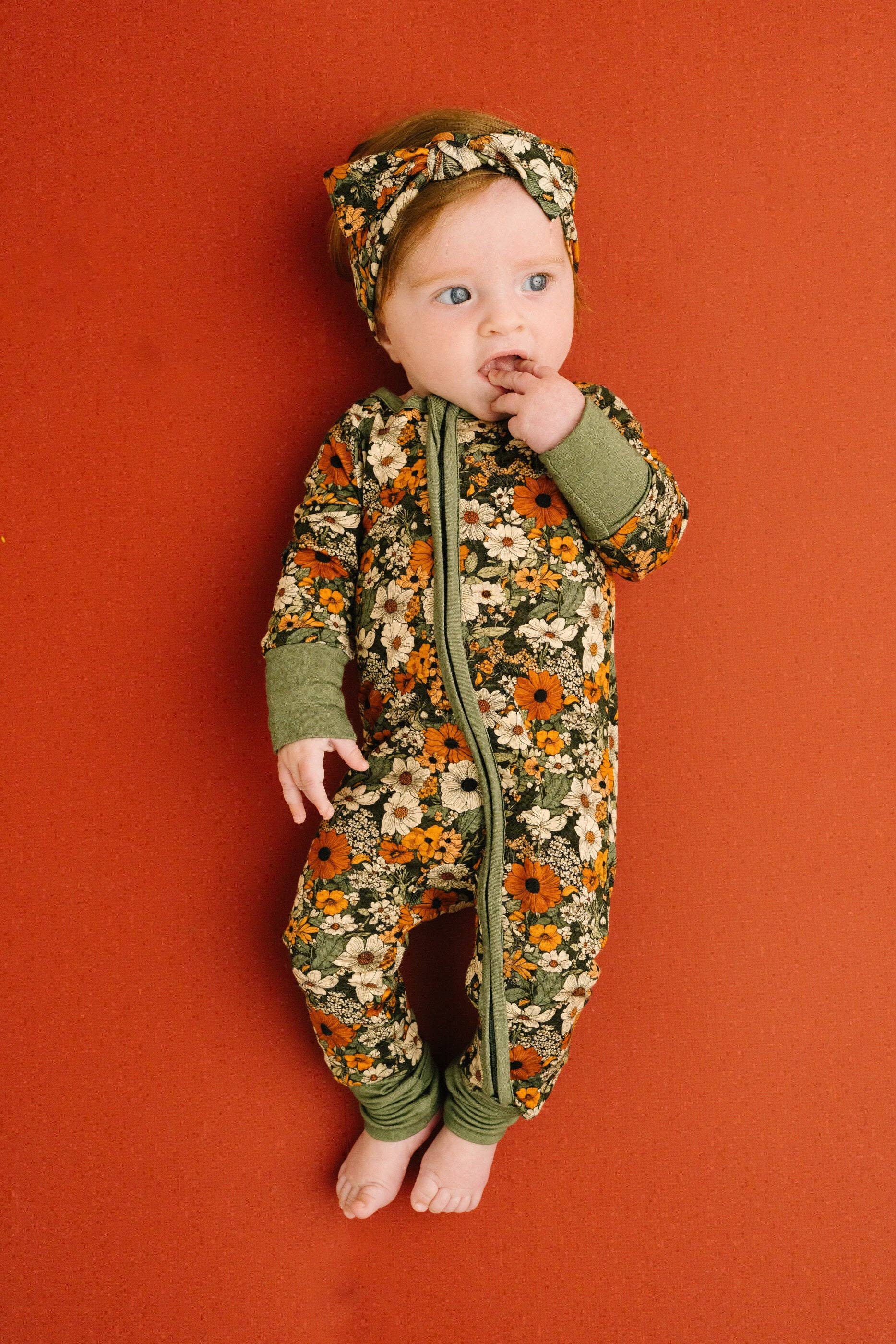 Bamboo Zippered L/S Convertible Romper - Green & Burnt Orange, Rustic Blooms