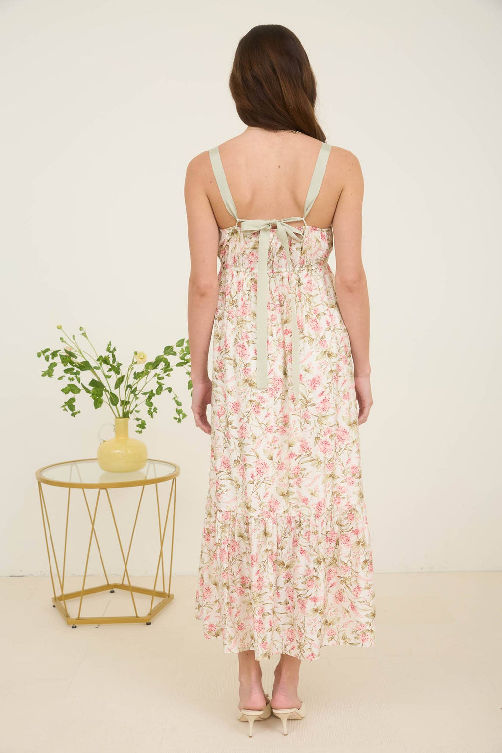 Women's Floral Lace Trim Ribbon Strap Midi Sun Dress - Sage, Ivory, and Pink