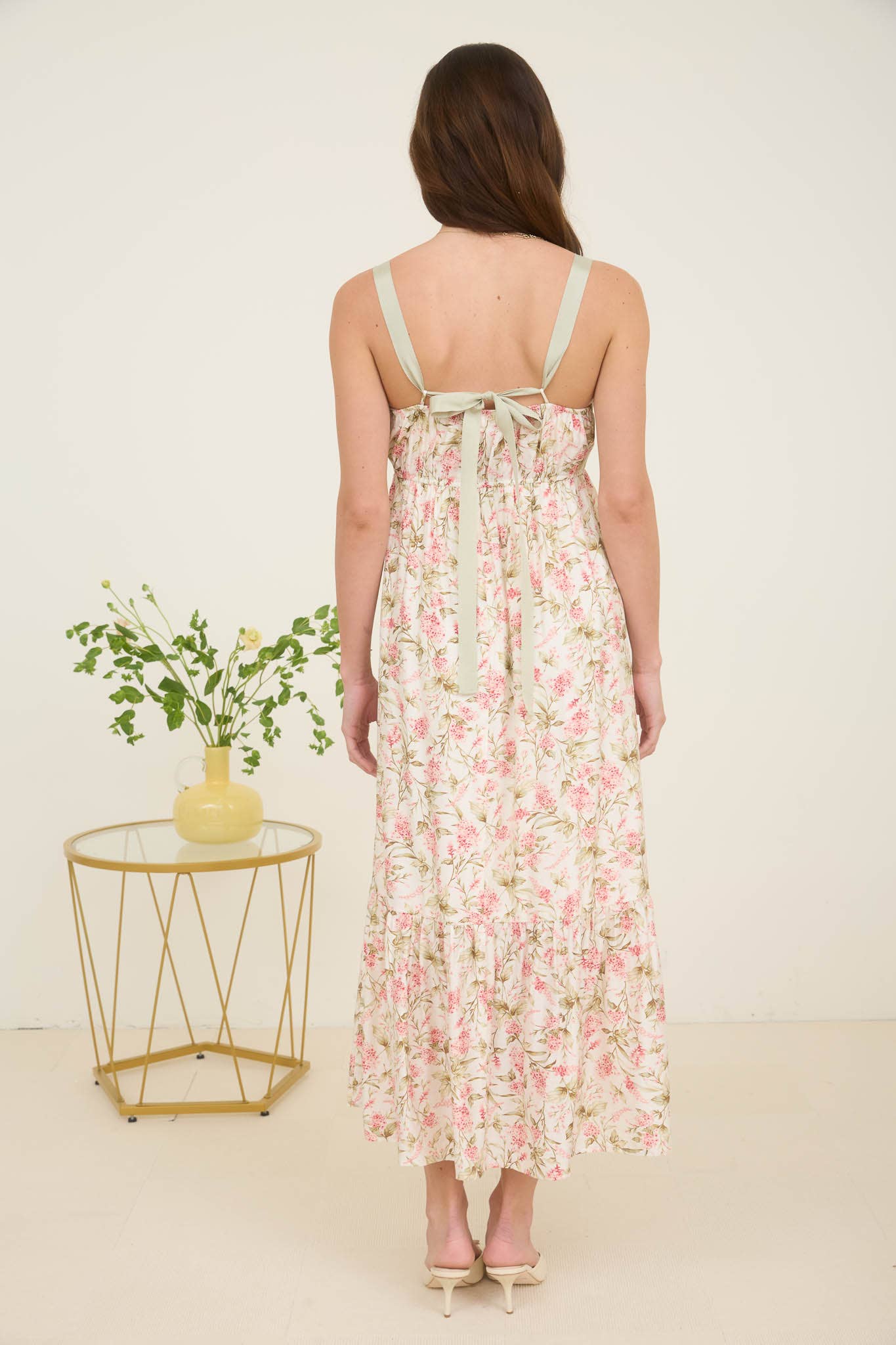Women's Floral Lace Trim Ribbon Strap Midi Sun Dress - Sage, Ivory, and Pink