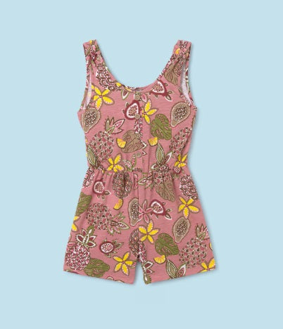 Mayoral tween girls sustainable printed romper, pineapple rose floral, front view