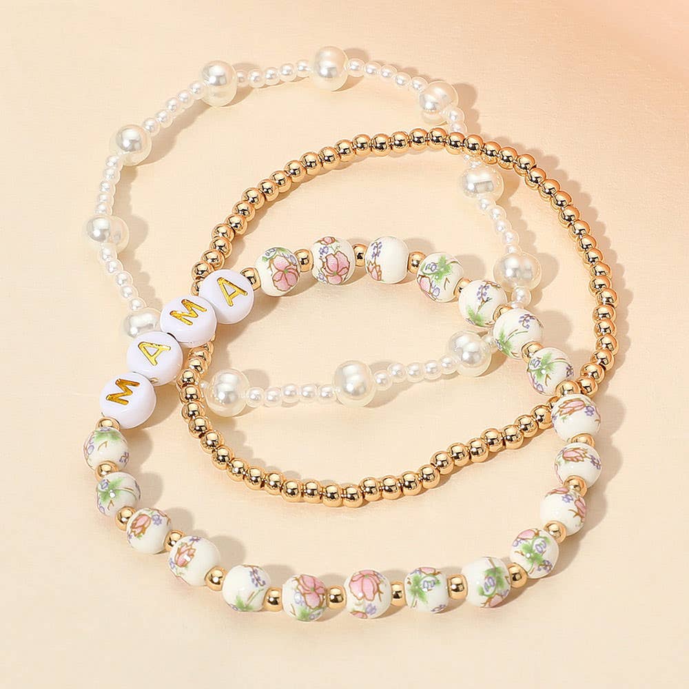 3PCS - MAMA Message Floral Ceramic Ball Pearl Beaded Stretch Multi Layered Bracelets