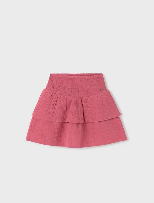 Mayoral tween girls sustainable cotton tiered skirt, watermelon blush, front view