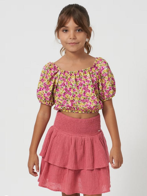 Mayoral tween girls sustainable cotton tiered skirt, watermelon blush, view 4