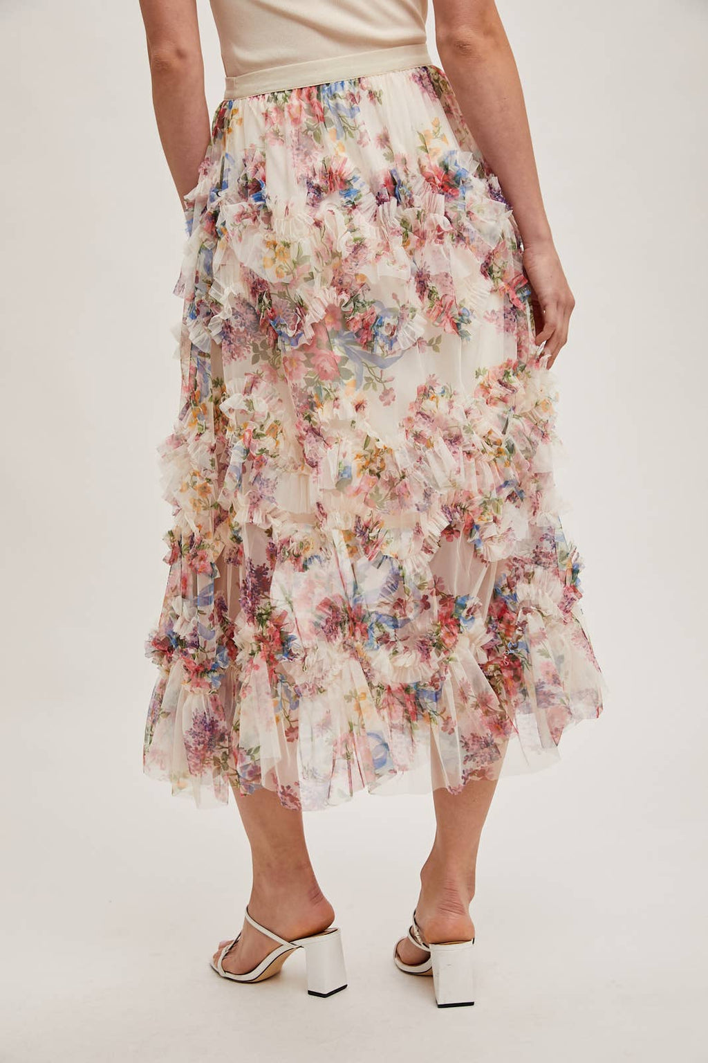 Women's/Junior Floral Ruffled Tulle Midi Length Skirt - Cream and Maroon