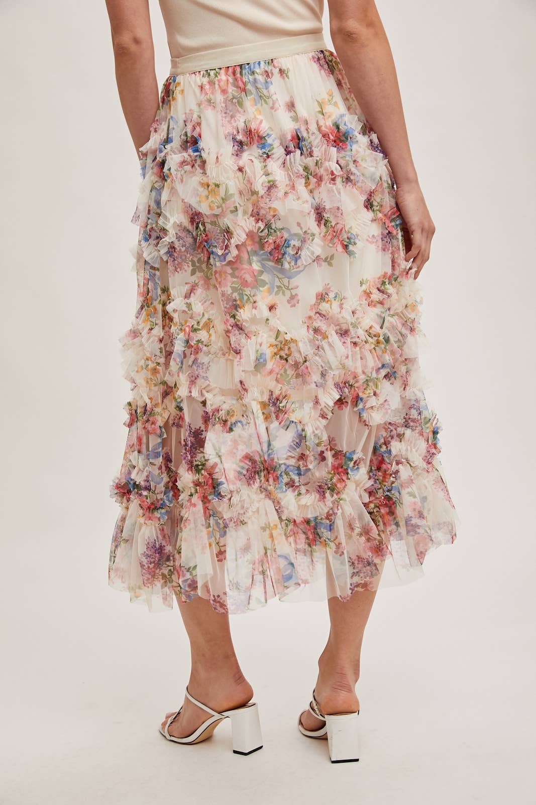 Women's/Junior Floral Ruffled Tulle Midi Length Skirt - Cream and Maroon
