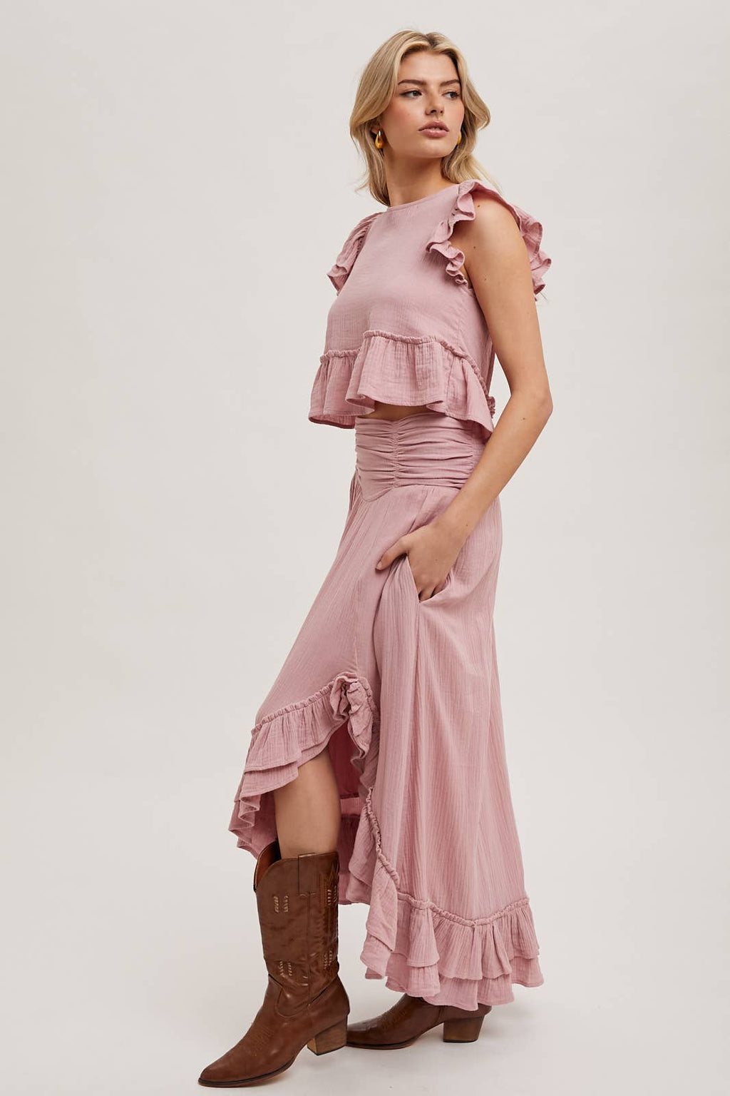 Women's Ruffled Semi Cropped Top - Petal Rose Pink