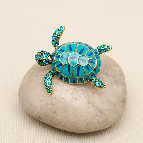 Rhinestone and Enamel Brooch, Blue Sea Turtle, 1.25" x 1.25"