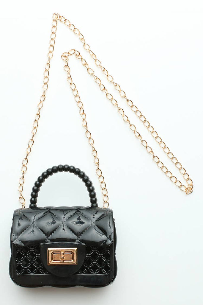 Jelly Lattice Mini Handbag Purse w/Gold Chain: Black