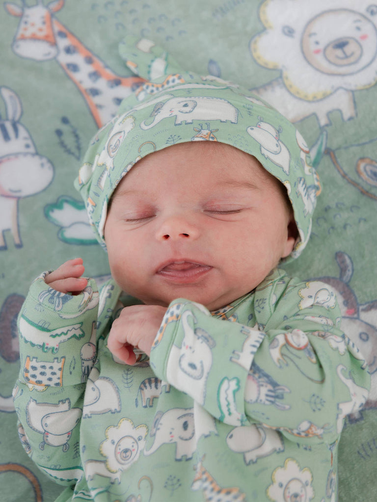 SoftSnooze™ Baby Girls Bamboo Knotted Sleep Gown and Bow Beanie Hat - Sage Green Safari