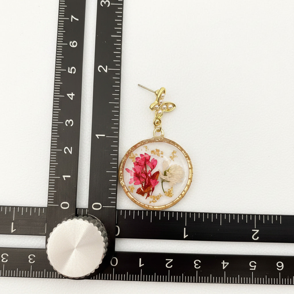 Genuine Pressed Flowers Earrings Pearl Butterfly Stud & 1" DIA Red/Ivory