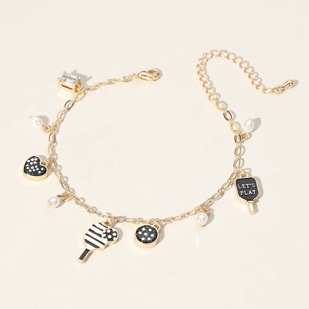 Pickleball - Lets Play Enamel Pickleball Pearl Charm Bracelet, Gold, Black and White