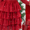 Mini Girls L/S Pearlized Layered Tulle Dress, Rhinestone & Pearl Bow Applique - Holiday Red