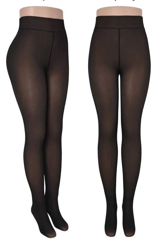 Faux Fur Lined Footed Tights - Black/Nude