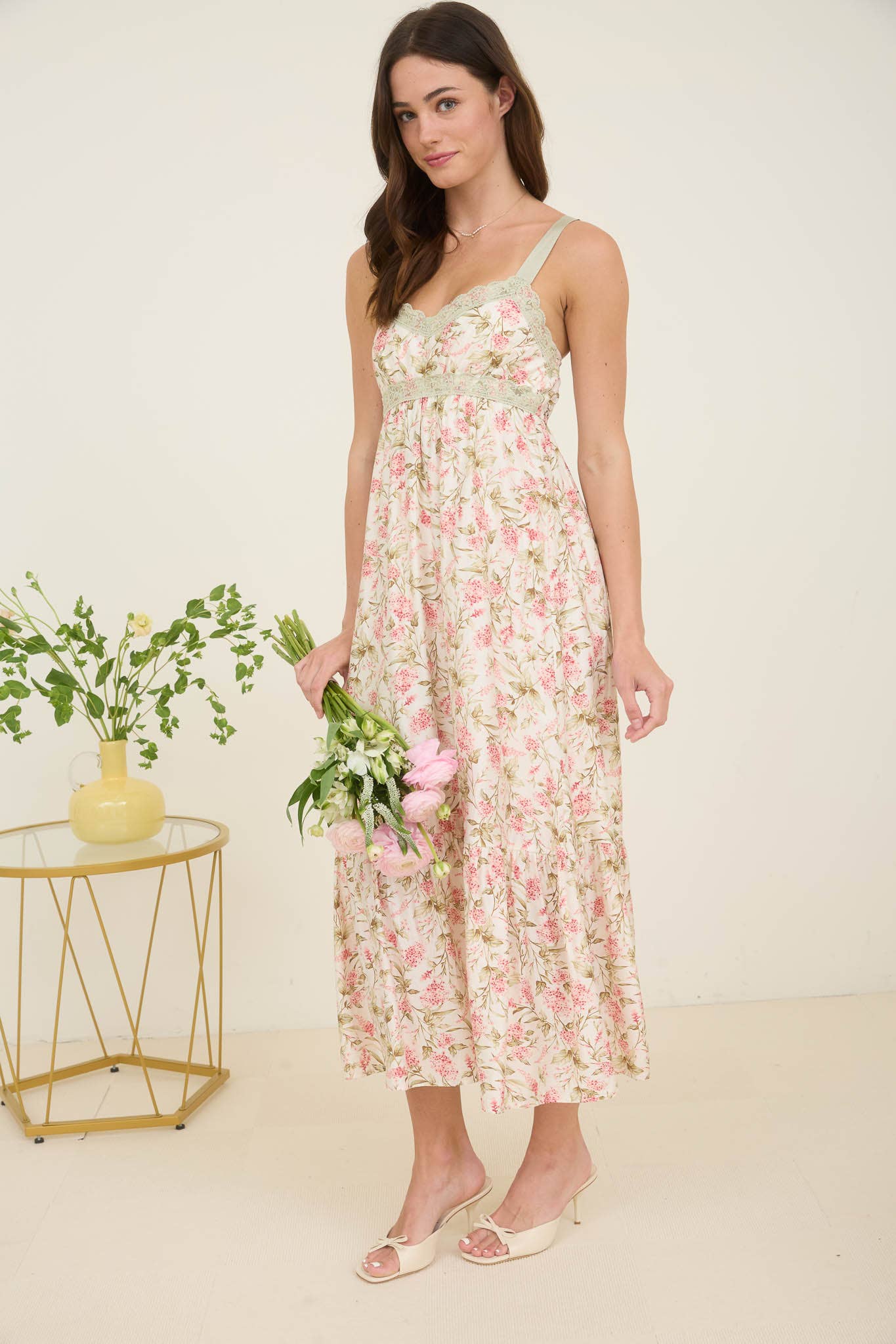 Women's Floral Lace Trim Ribbon Strap Midi Sun Dress - Sage, Ivory, and Pink