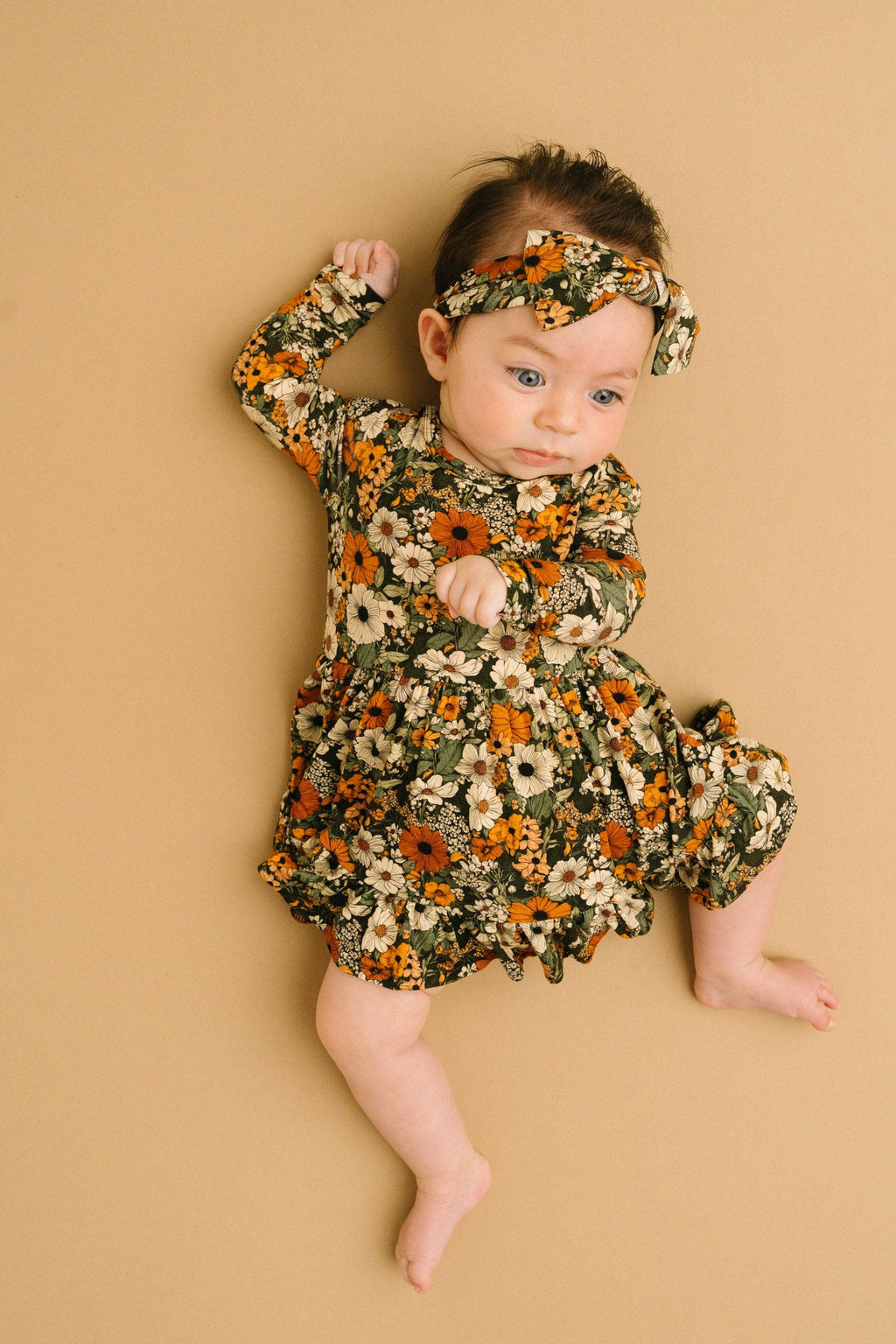Bamboo Zippered L/S Twirl Bodysuit Dress w/Bow Back - Green & Burnt Orange, Rustic Blooms