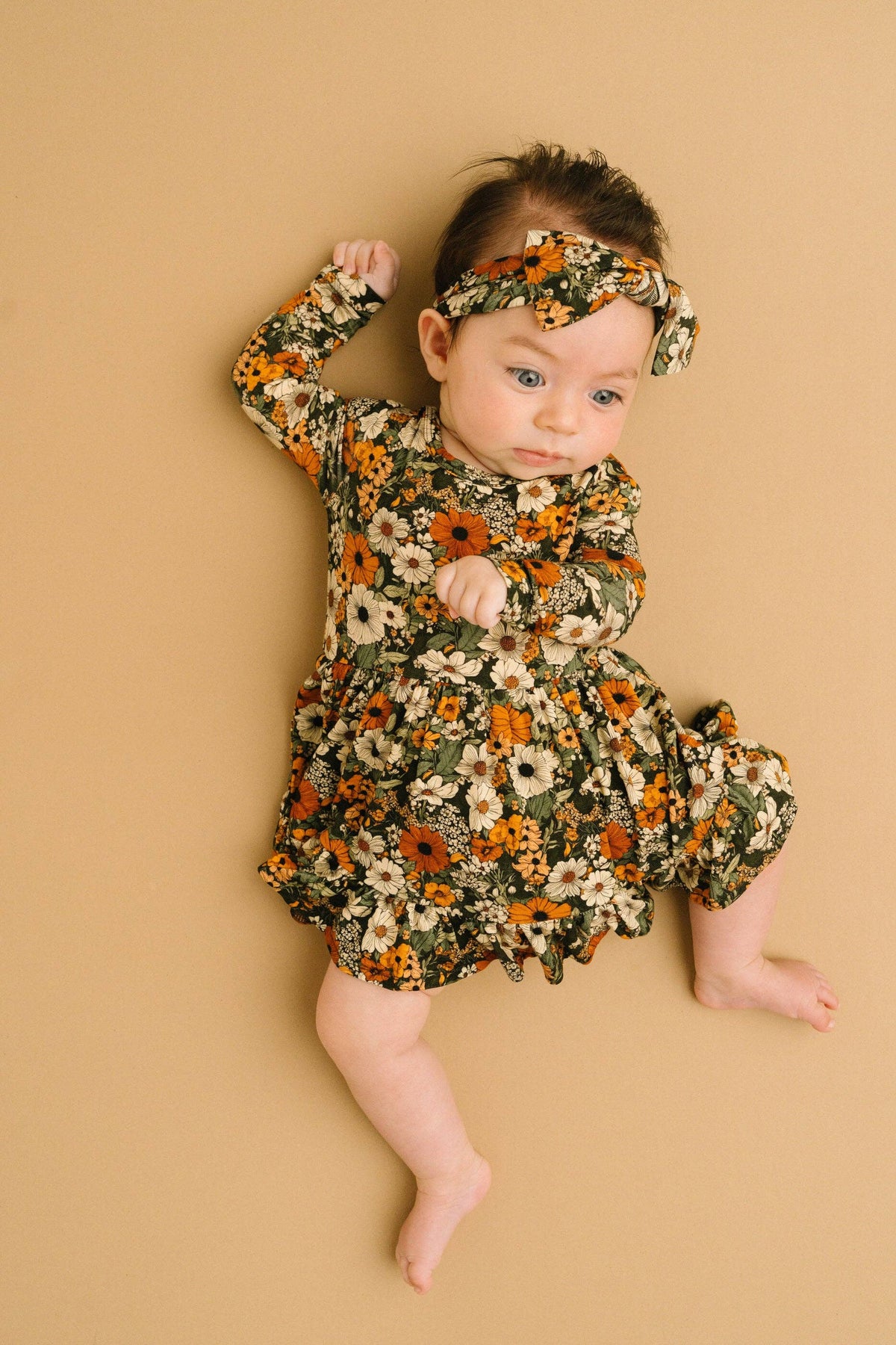 Bamboo Zippered L/S Twirl Bodysuit Dress w/Bow Back - Green & Burnt Orange, Rustic Blooms