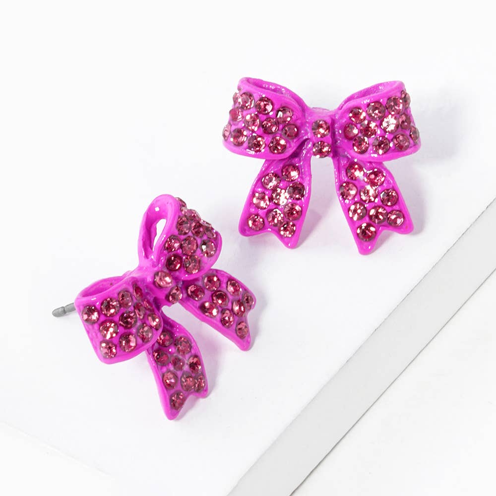 Pave Bow Stud Earrings: Fuchsia Pink Crystallized