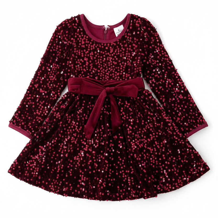 Mini Girls L/S Sequined Dress with Velvet Tie - Wine Red
