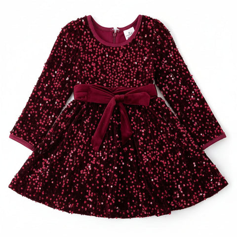 Mini Girls L/S Sequined Dress with Velvet Tie - Wine Red