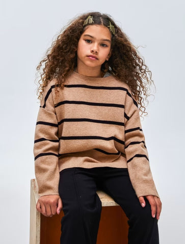 7305 Mayoral Tween/Teen Girls Knit Long Sweater - Striped Black & Biscuit
