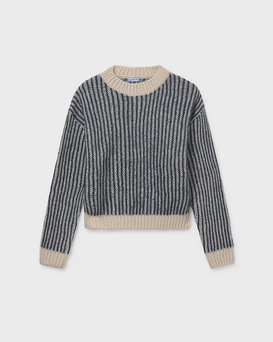 Mayoral tween girls knit vertical stripe sweater, petroleum, front view