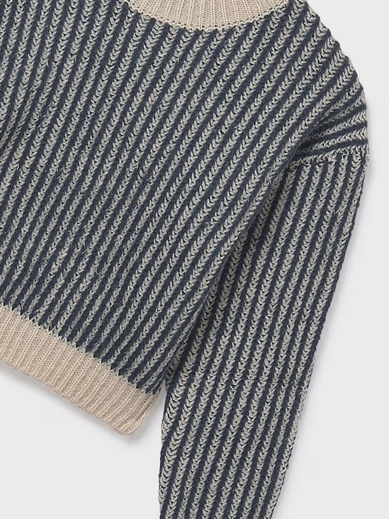 7315 Teen/Tween Girls Knit Vertical Stripe Sweater - Petroleum grey blue stripe and natural