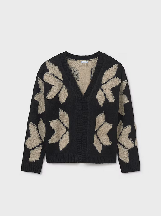 Mayoral tween girls knit jacquard cardigan, black and tan abstract flower, front view