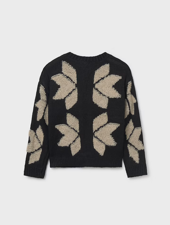 Mayoral tween girls knit jacquard cardigan, black and tan abstract flower, view 2