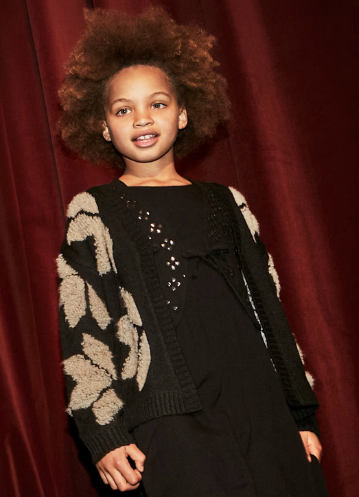 Mayoral tween girls knit jacquard cardigan, black and tan abstract flower, view 4