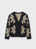 7318 Teen/Tween Girls Knit Jacquard Cardigan - Black and Tan Abstract Flower