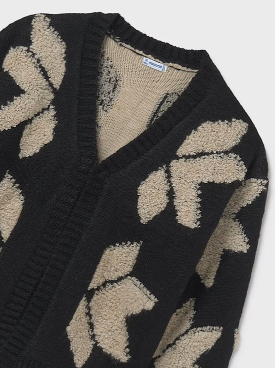 7318 Teen/Tween Girls Knit Jacquard Cardigan - Black and Tan Abstract Flower bold print sweater