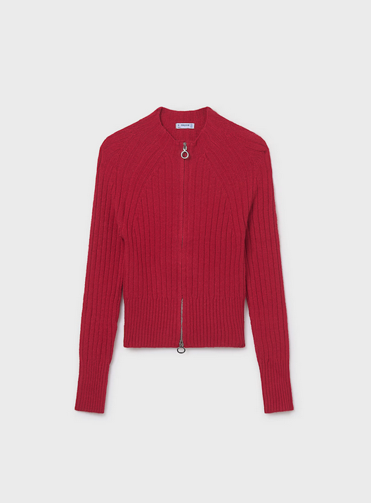 Mayoral tween girls long sleeve ribbed double zip top, red, front view