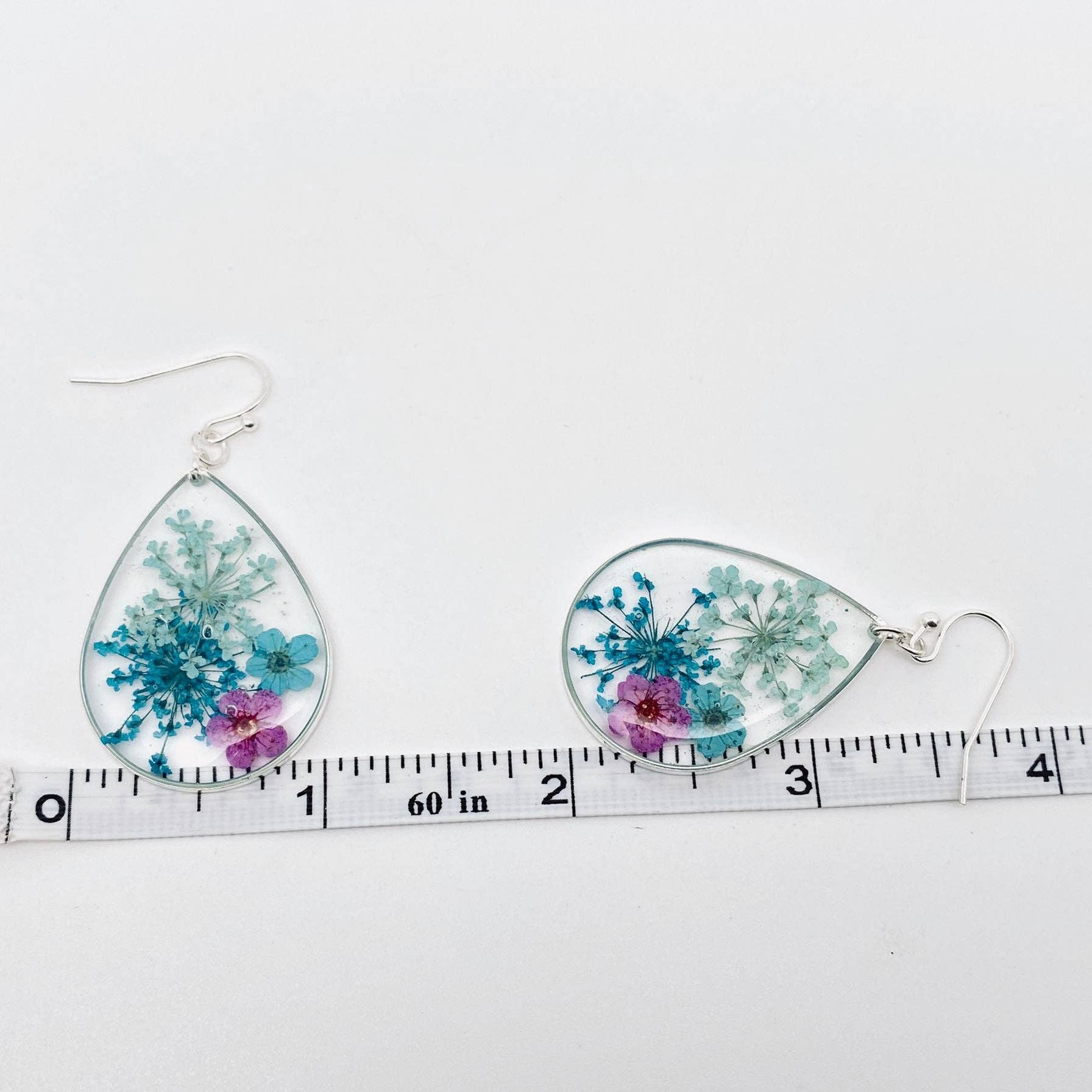 Genuine Pressed Flowers Earrings Dangle Silver Hook, Tear Drop, Sage/Teal/Pink