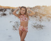 Oopsie Kids Off Shoulder Ruched Shirrted 2PC Tankini Swim Set - Tropical Tan Coral Floral