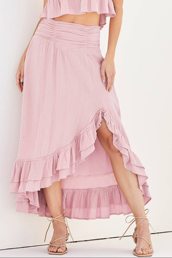 Women's Side Slit Ruffled Midi Skirt with Hidden Side Pockets - Petal Rose Pink