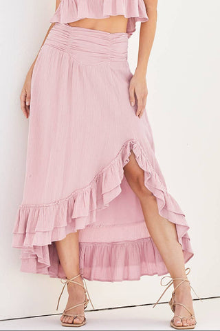 Women's Side Slit Ruffled Midi Skirt with Hidden Side Pockets - Petal Rose Pink