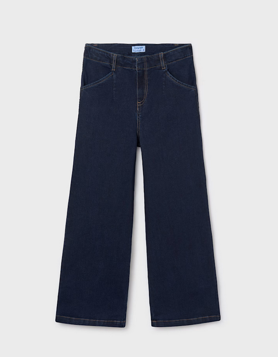 Mayoral tween girls flat front wide leg jeans, dark wash, flat lay