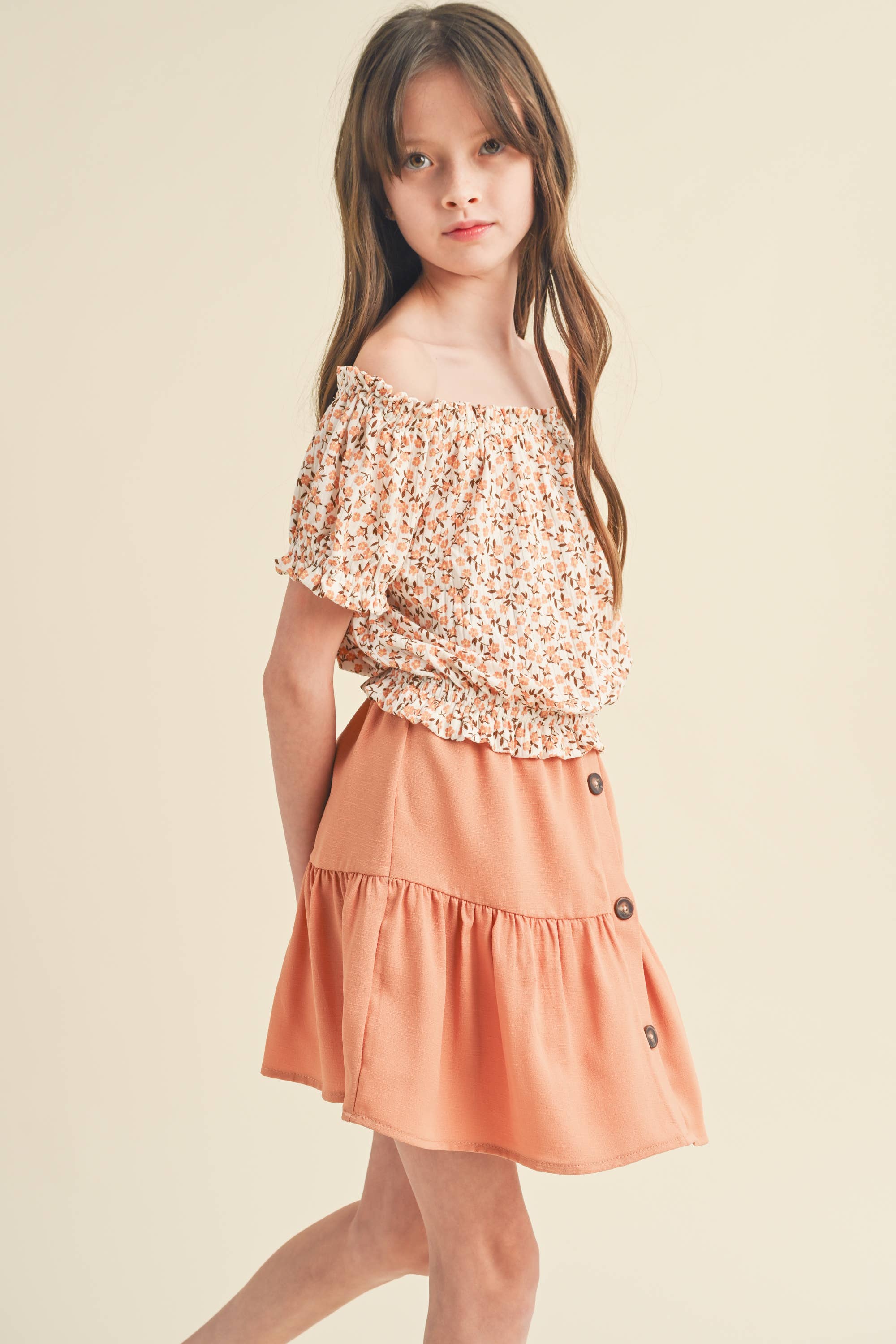 Tween/Teen Girls 2PC Floral Peasant Top and Button Skirt Set - Earthy Poppy/Tan