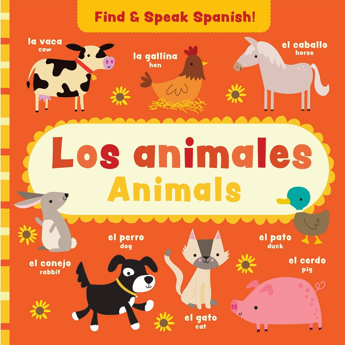 Find and Speak Spanish Los animales Animals bilingual book cover with farm animals