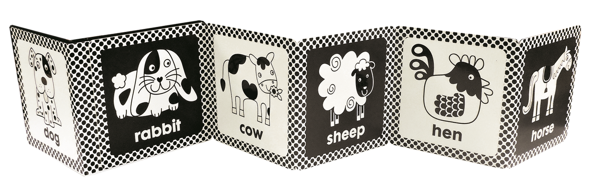 On the Farm fold-out book with high-contrast farm animal panels