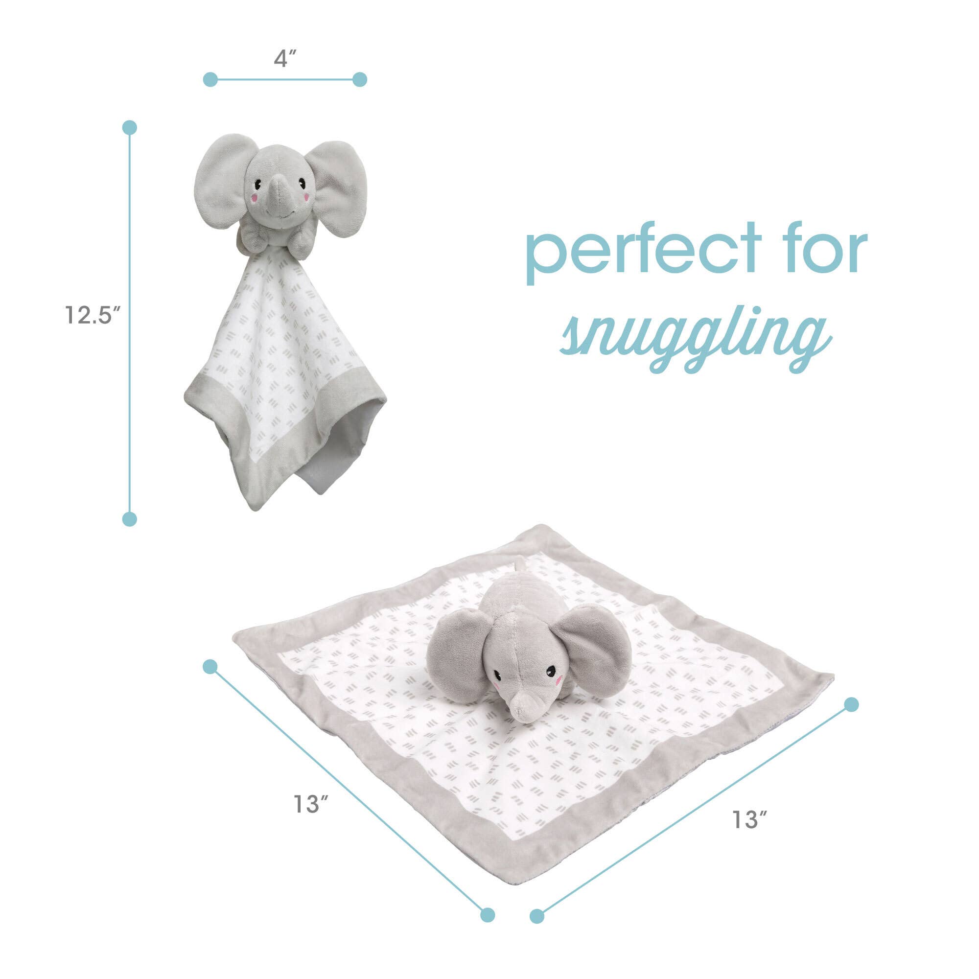 Plush Animal Lovey Blankie, 12"x12", Minky Elephant, Grey