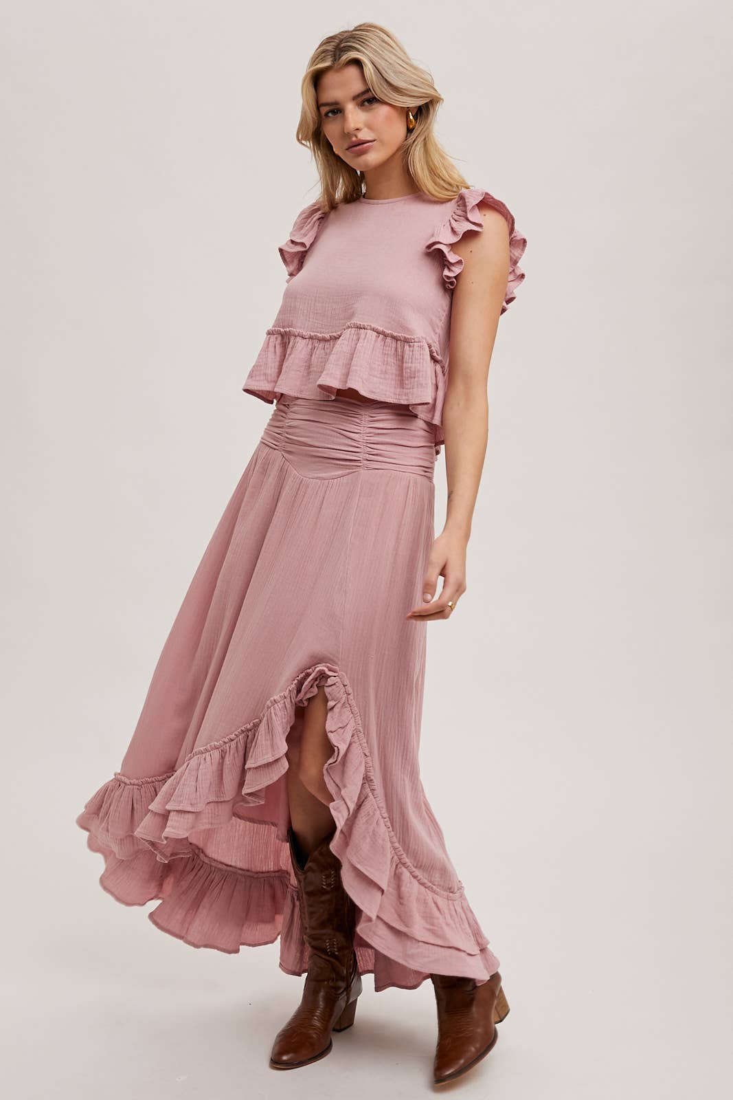 Women's Side Slit Ruffled Midi Skirt with Hidden Side Pockets - Petal Rose Pink