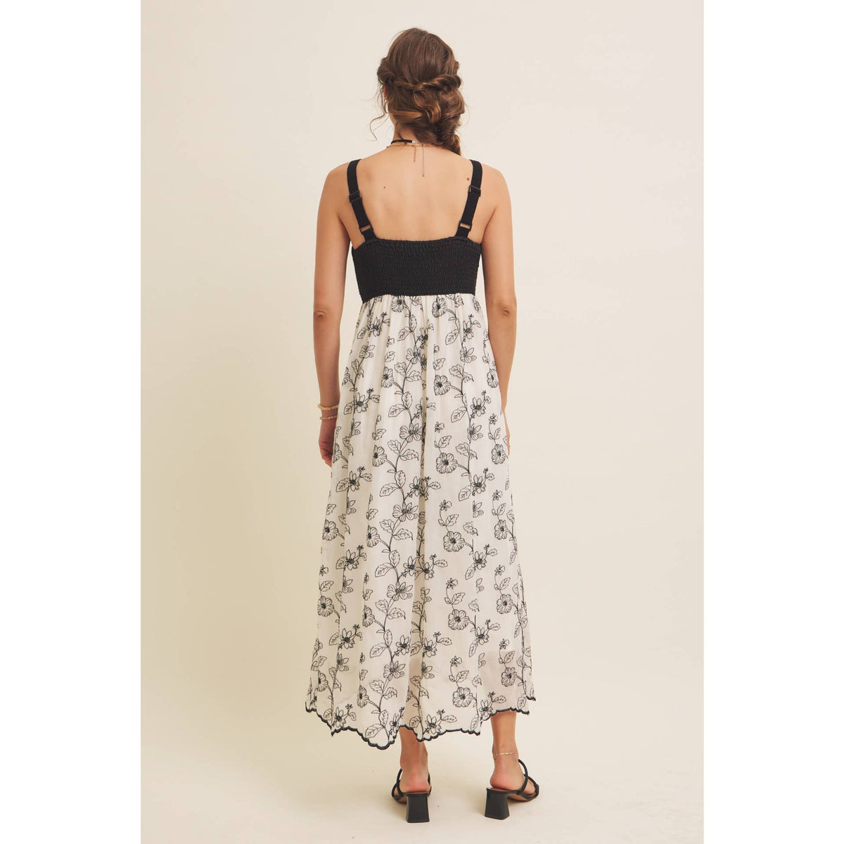 Women's Knit Spaghetti Top Two-fer Embroidered Midi Sun Dress with Pockets, Cream and Black