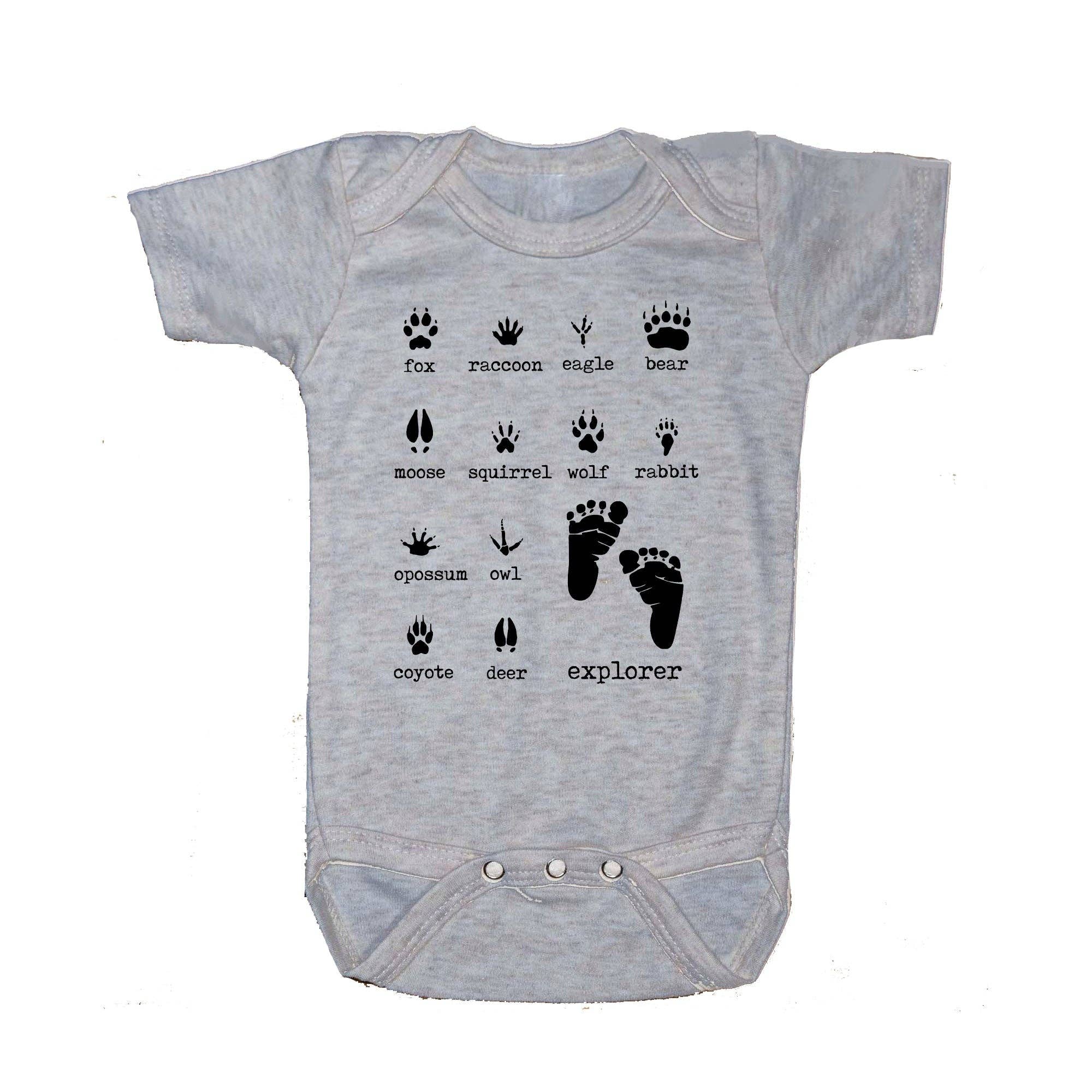 Barefoot S/S Snap Bodysuit, UNISEX, Heather Grey, Woodland Animal Footprints