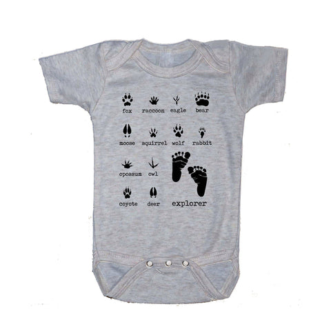 Barefoot S/S Snap Bodysuit, UNISEX, Heather Grey, Woodland Animal Footprints
