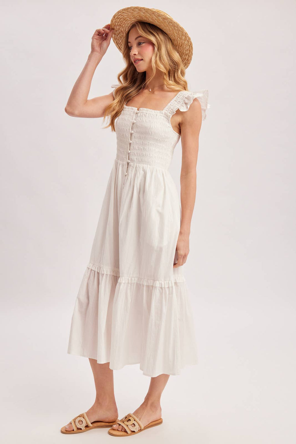 Women's Smocked Square Neck Midi Dress with Hidden Side Pockets - Soft White
