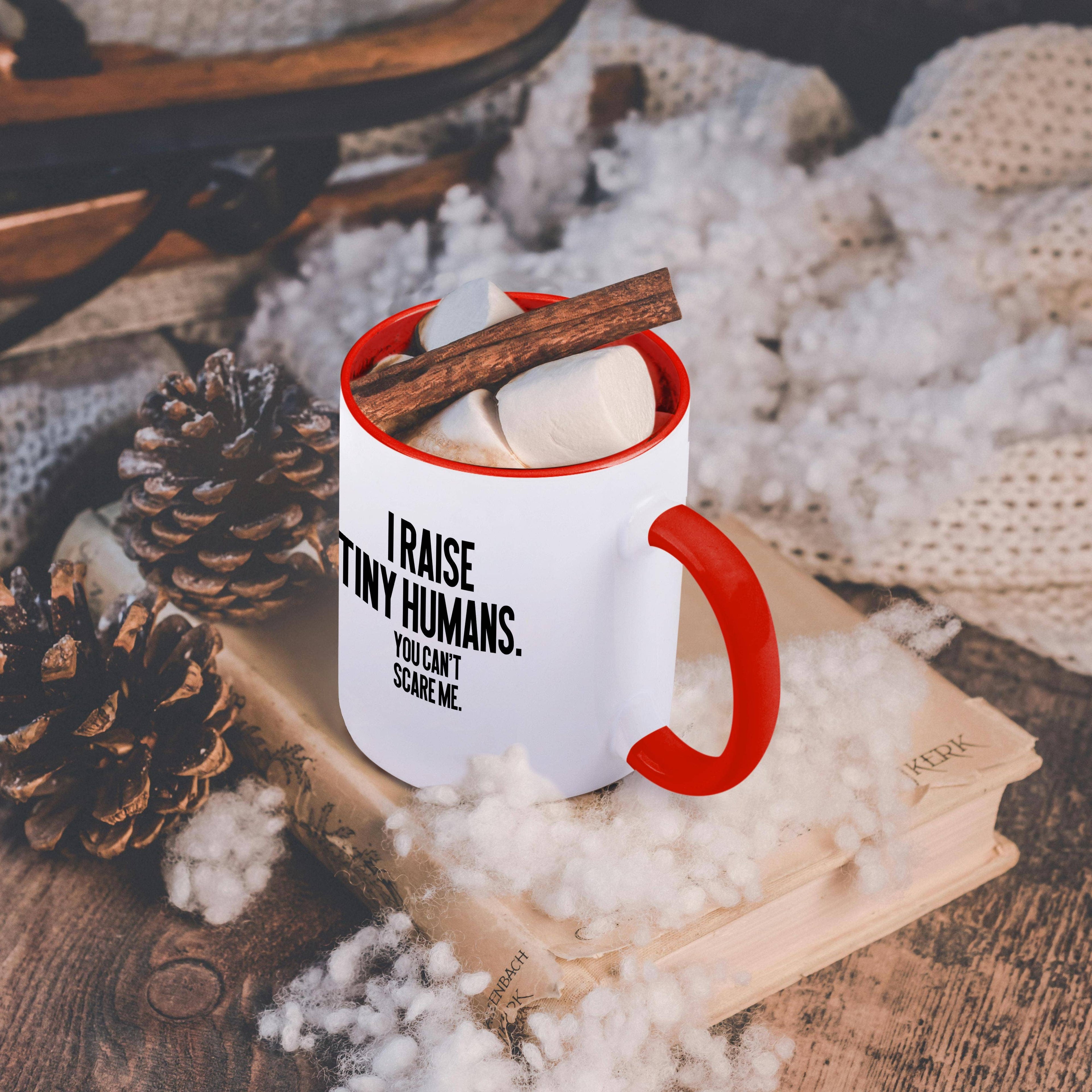Ceramic Humor Mugs - 11 oz Red/White Mug, I Raise Tiny Humans