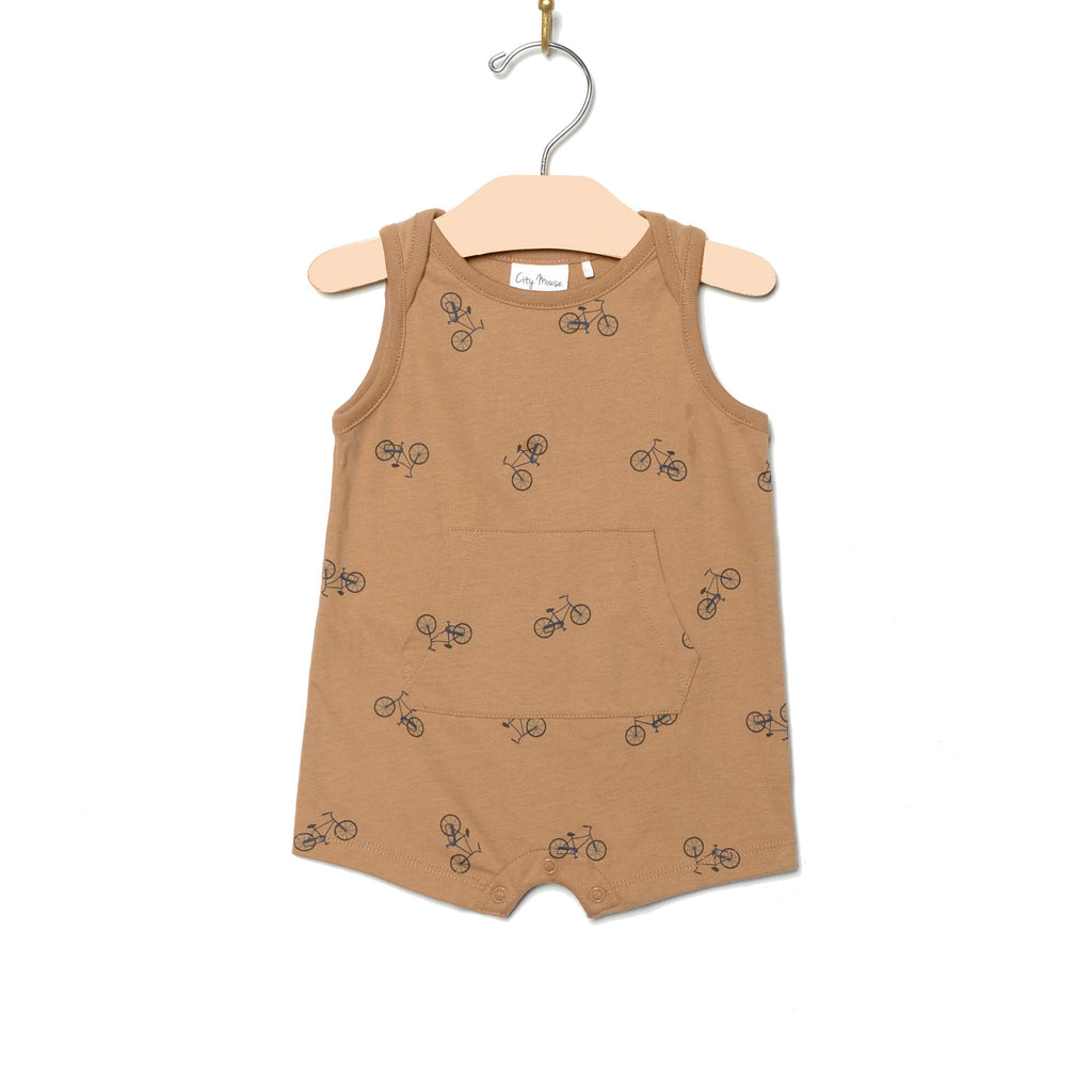 City Sleeveless Racerback Short Romper, Caramel Bicycle